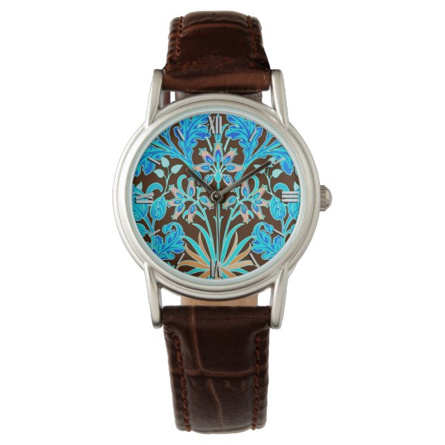 William Morris Hyacinth Print, Aqua and Brown Watch (Front)