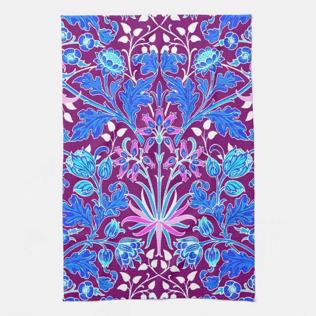 William Morris Hyacinth Print, Aqua and Purple Kitchen Towel (Vertical)