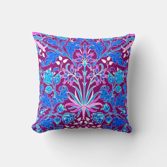 William Morris Hyacinth Print, Aqua and Purple Throw Pillow (Front)
