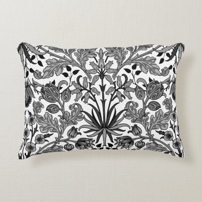 William Morris Hyacinth Print, Black, White & Grey Decorative Pillow (Front)