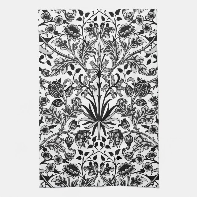 William Morris Hyacinth Print, Black, White & Grey Kitchen Towel (Vertical)