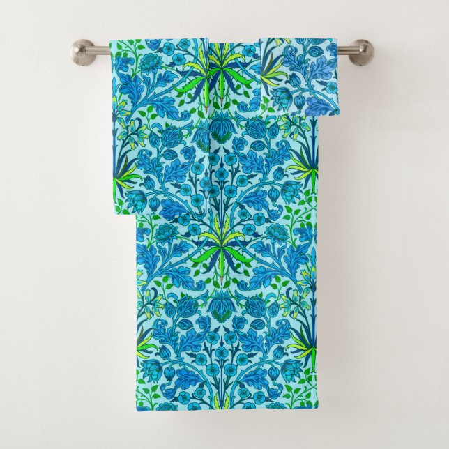 William Morris Hyacinth Print, Cerulean Blue Bath Towel Set (Insitu)