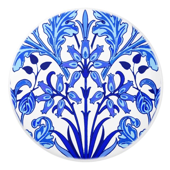 William Morris Hyacinth Print, Cobalt Blue & White Ceramic Knob (Front)