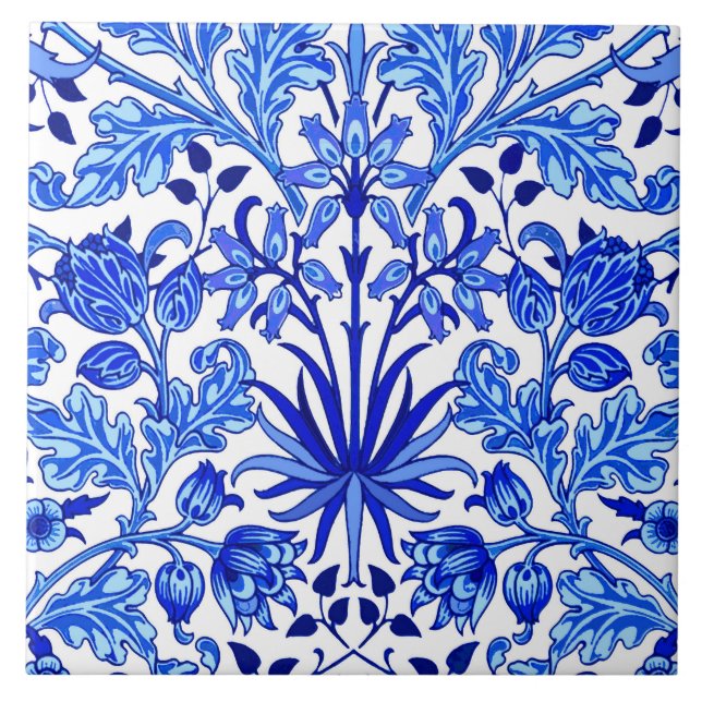 William Morris Hyacinth Print, Cobalt Blue & White Tile (Front)