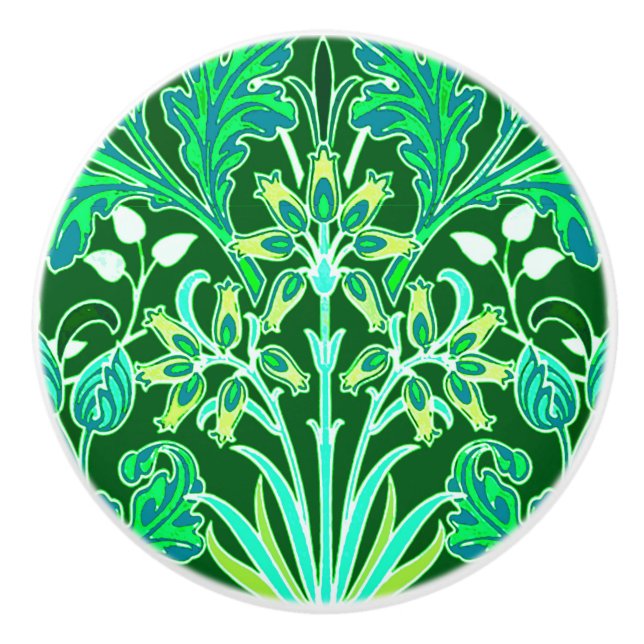 William Morris Hyacinth Print, Emerald Green Ceramic Knob (Front)