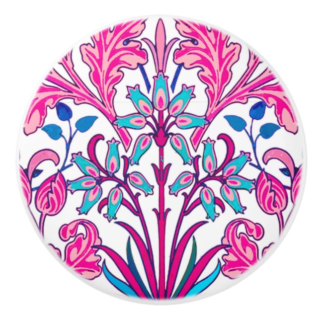 William Morris Hyacinth Print, Fuchsia Pink Ceramic Knob (Front)