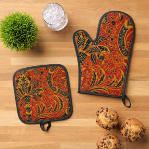 William Morris India Red Floral Oven Mitt & Pot Holder Set
