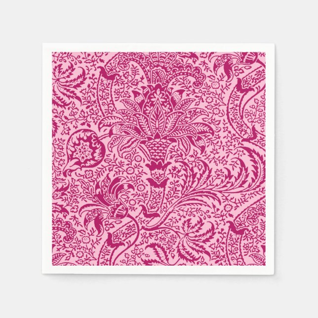 William Morris Indian, Fuchsia and Pastel Pink Napkin (Front)