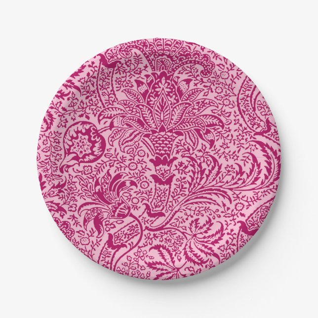 William Morris Indian, Fuchsia and Pastel Pink Paper Plate (Front)