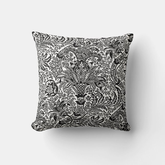 William Morris Indian, White and Black Throw Pillow (Front)