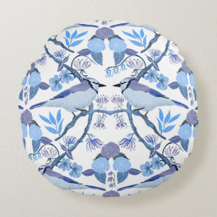 William Morris Inspired Bluejay Botanical  Round Pillow