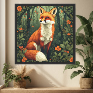 William Morris Inspired Botanical Forest Fox Wall Canvas Print