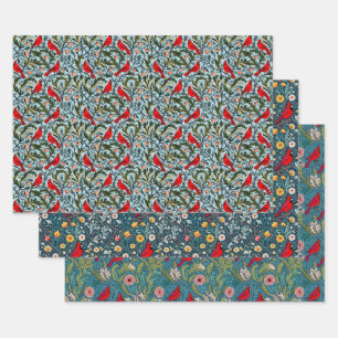 William Morris Inspired Cardinals, Vines & Flowers Wrapping Paper Sheet