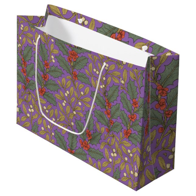 William Morris Inspired Holly & Mistletoe Large Gift Bag (Front Angled)