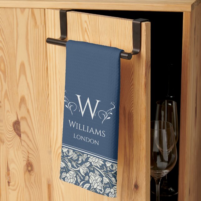 William Morris Inspired Navy Blue Floral Custom Kitchen Towel (Thirds Fold)