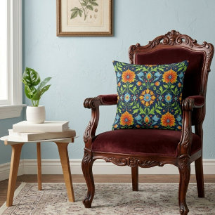 William Morris Inspired Pattern Orange Blue Flower Throw Pillow