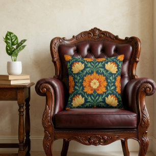 William Morris Inspired Pattern Orange Flower Throw Pillow