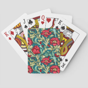 William Morris Inspired Red Flowers Pattern Playing Cards