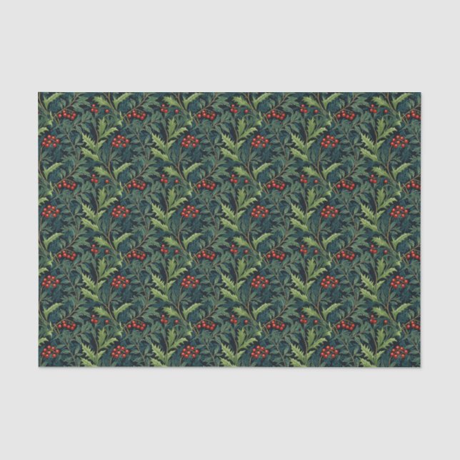 William Morris Inspired Red Holly Berry Christmas Tissue Paper (Front)