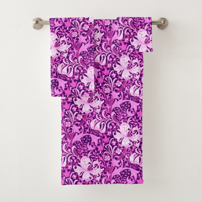 William Morris Iris and Lily, Amethyst Purple Bath Towel Set (Insitu)