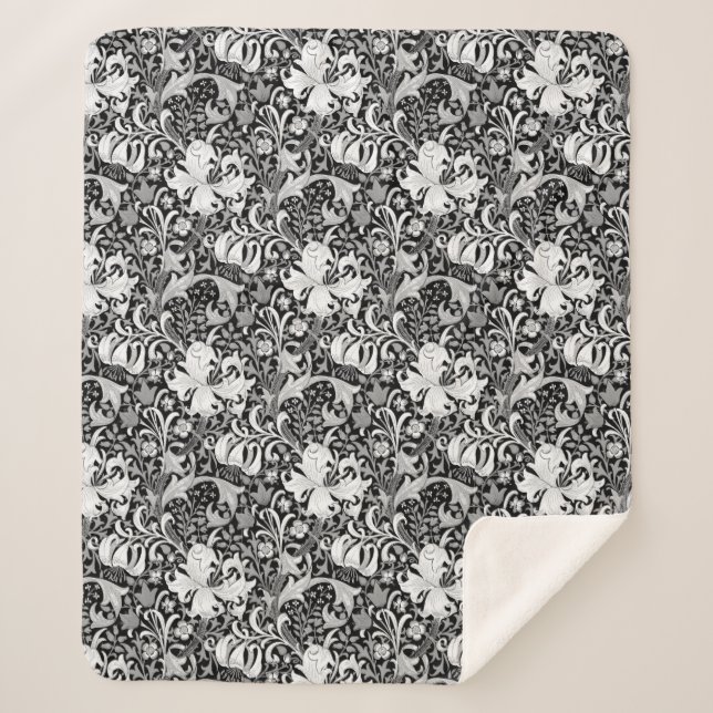 William Morris Iris and Lily, Black and White Sherpa Blanket (Front)