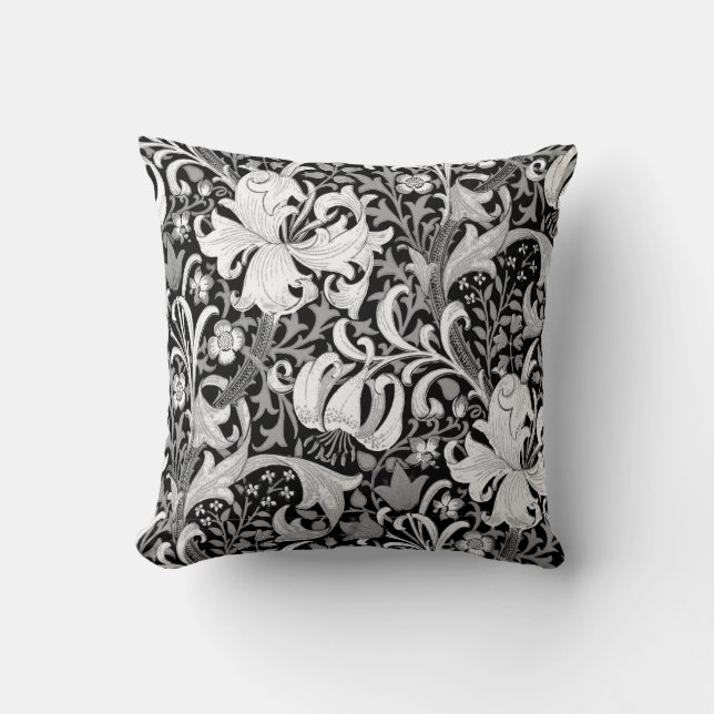 William Morris Iris and Lily, Black and White Throw Pillow (Front)