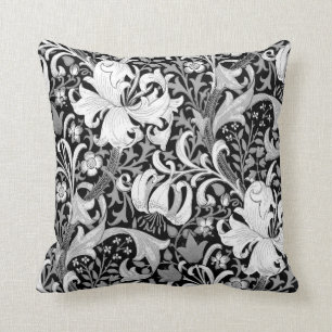 William Morris Iris and Lily, Black and White Throw Pillow