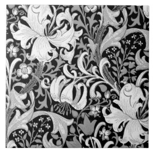 William Morris Iris and Lily, Black and White Tile
