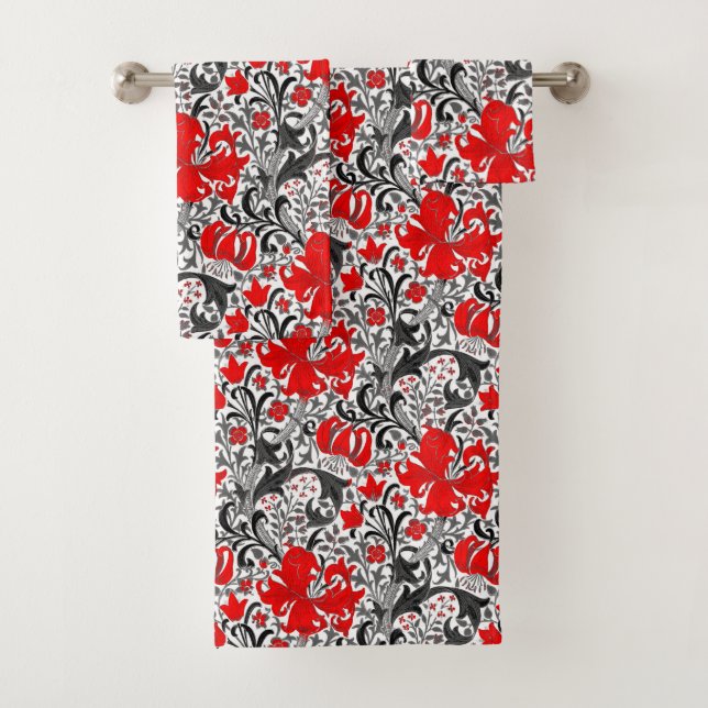 William Morris Iris and Lily, Black, White and Red Bath Towel Set (Insitu)