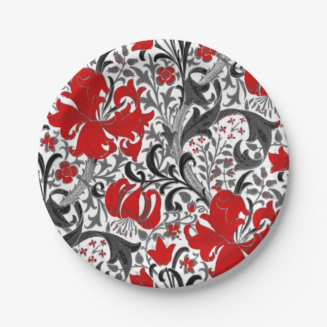William Morris Iris and Lily, Black, White and Red Paper Plate (Front)