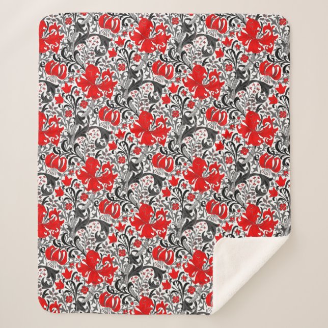 William Morris Iris and Lily, Black, White and Red Sherpa Blanket (Front)