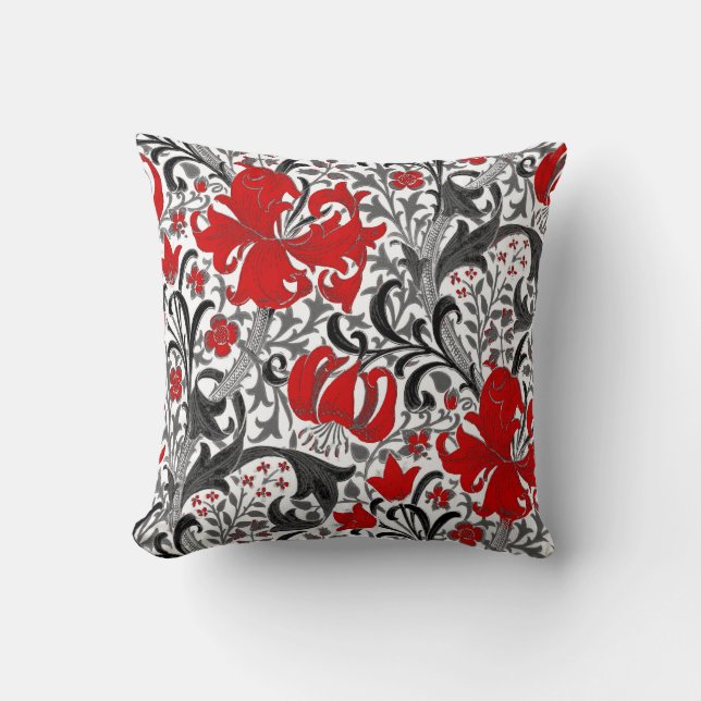 William Morris Iris and Lily, Black, White and Red Throw Pillow (Front)