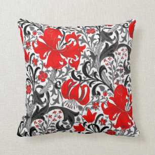 William Morris Iris and Lily, Black, White and Red Throw Pillow