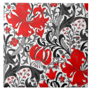 William Morris Iris and Lily, Black, White and Red Tile