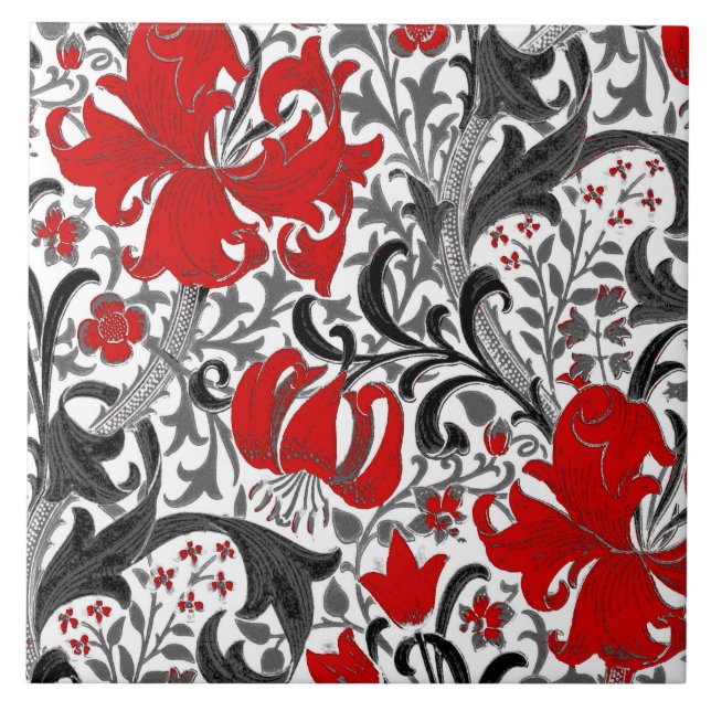 William Morris Iris and Lily, Black, White and Red Tile (Front)