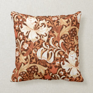 William Morris Iris and Lily, Brown and Tan Throw Pillow