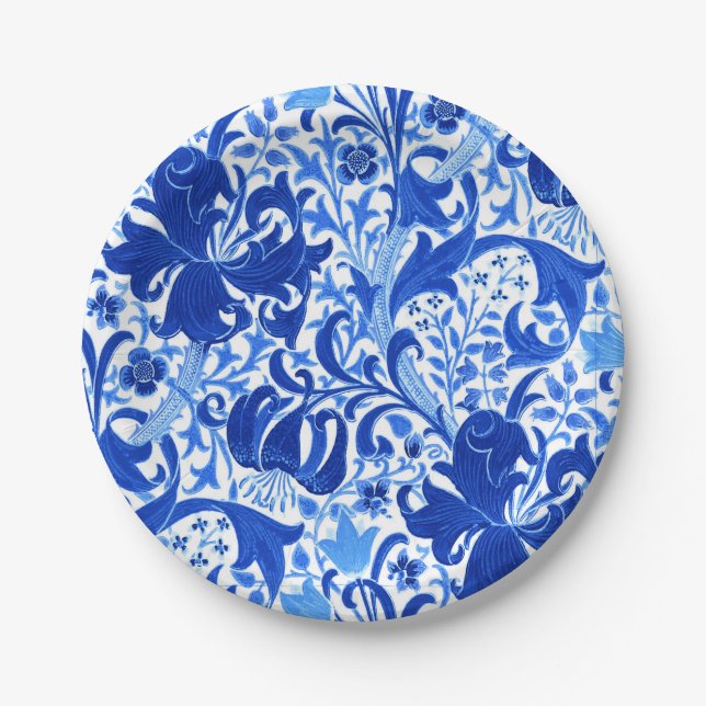 William Morris Iris and Lily, Cobalt Blue Paper Plate (Front)