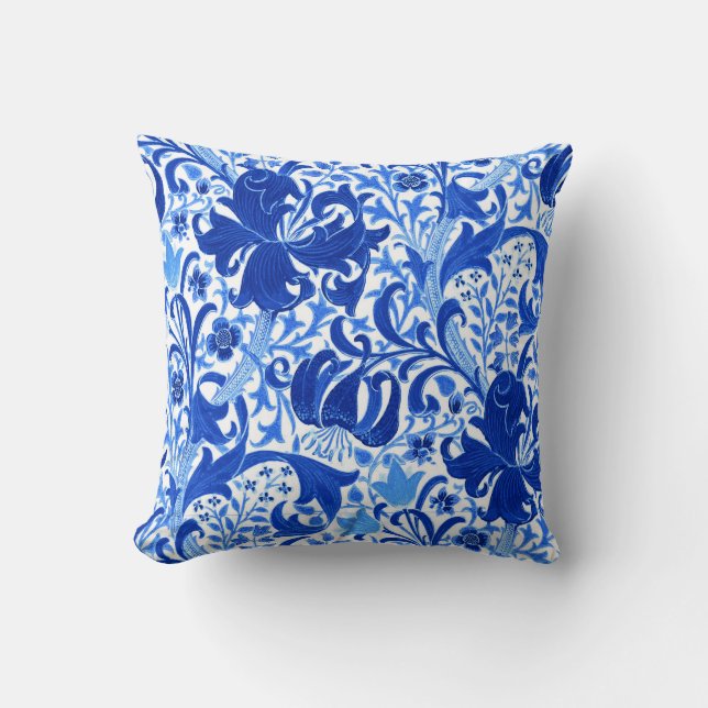 William Morris Iris and Lily, Cobalt Blue Throw Pillow (Front)
