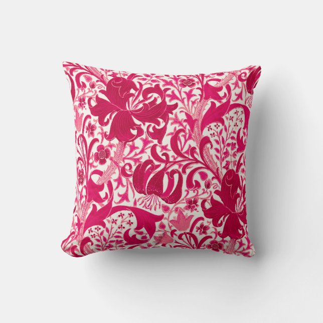 William Morris Iris and Lily, Fuchsia Pink Throw Pillow (Front)