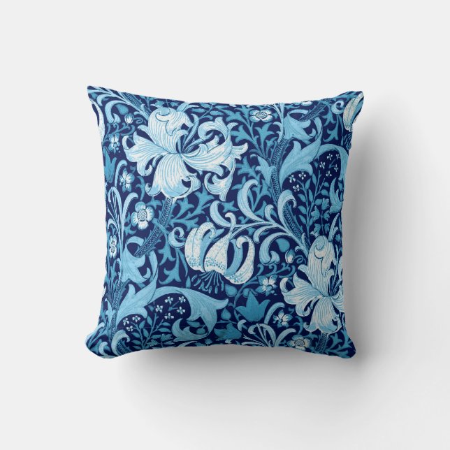 William Morris Iris and Lily, Indigo Blue Throw Pillow (Front)