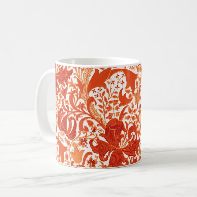 William Morris Iris and Lily, Mandarin Orange Coffee Mug (Front Left)