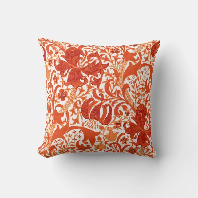 William Morris Iris and Lily, Mandarin Orange Throw Pillow (Front)