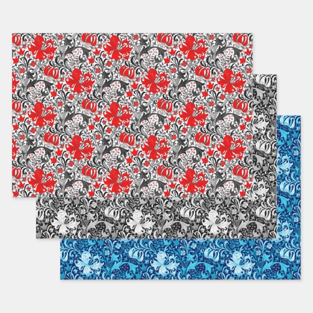 William Morris Iris and Lily, Red, Back & Indigo  Wrapping Paper Sheet (Set)