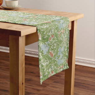 William Morris Iris Flowers Foliage Birds Blue Long Table Runner