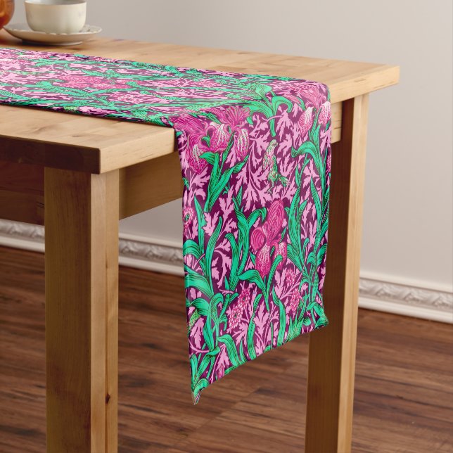 William Morris Iris Pattern, Fuchsia Pink and Wine Short Table Runner (In Situ)