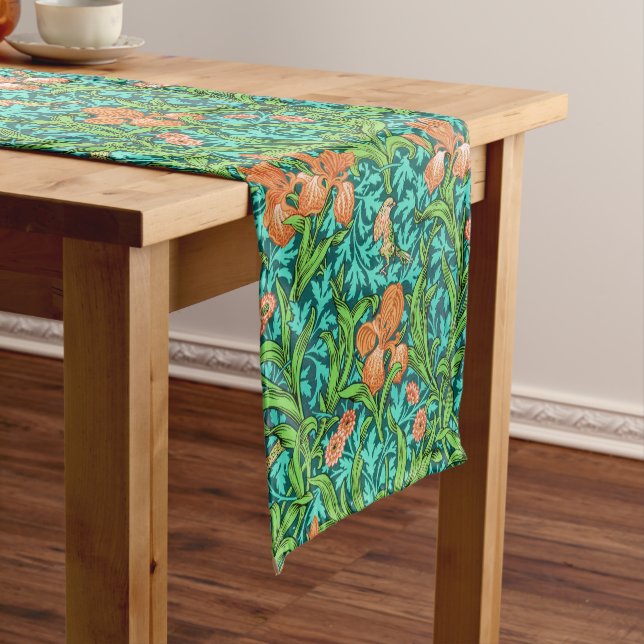 William Morris Iris Pattern, Orange and Turquoise Short Table Runner (In Situ)