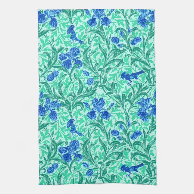William Morris Irises, Cobalt Blue, Aqua and Teal Kitchen Towel (Vertical)