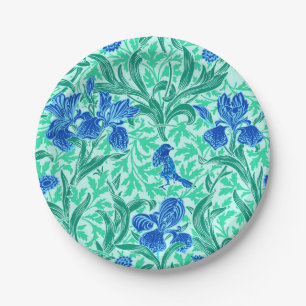 William Morris Irises, Cobalt Blue, Aqua and Teal Paper Plate