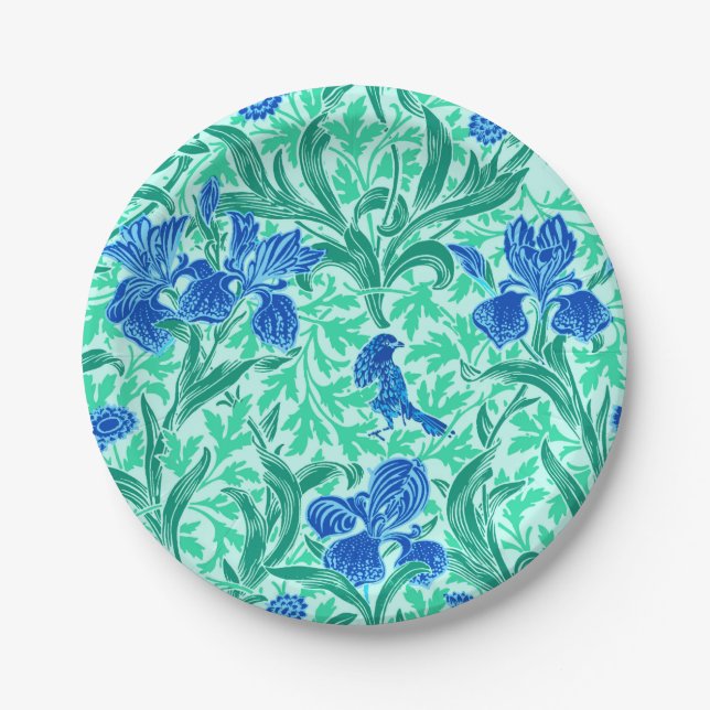 William Morris Irises, Cobalt Blue, Aqua and Teal Paper Plate (Front)