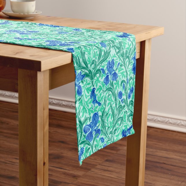 William Morris Irises, Cobalt Blue, Aqua and Teal Short Table Runner (In Situ)